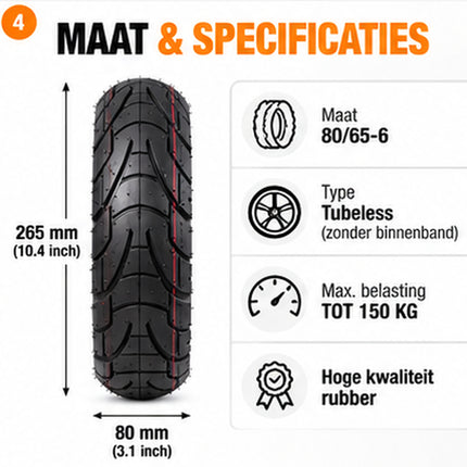 Tubeless buitenband 255x80 voor elektrische step met 6 inch velg