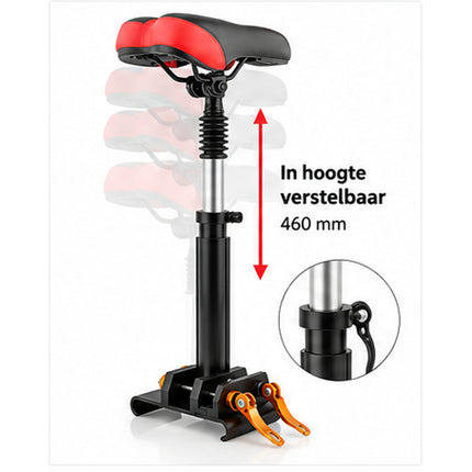 Elektrische Step Zadel – Verstelbaar en Opvouwbaar Stepzitje met Schokdemping – Comfortabel Gevoerd Zadel met Snelspanners – Zwart/Rood