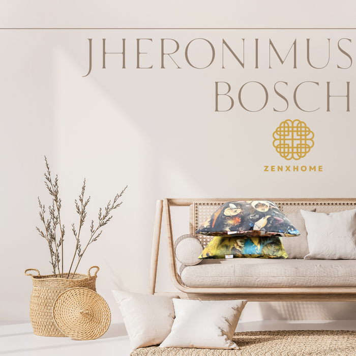 ZenXhome-Jeroen Bosch- Jheronimus Bosch- Tuin der Lusten- Hoogwaardig sierkussen met riets- 44cm X 44cm inclusief kussen- Dutch Design Product