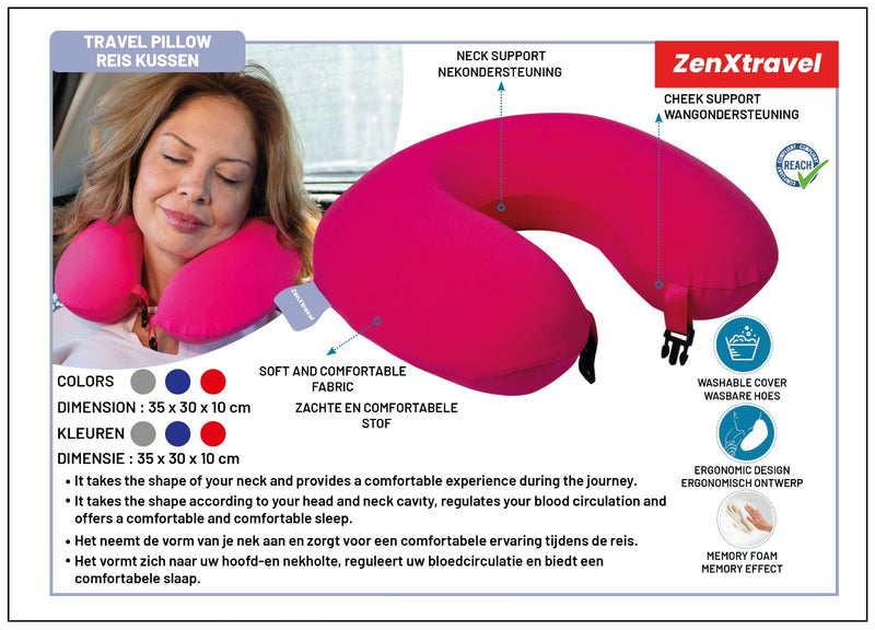 ZenXtravel Nek-Reiskussen Draagbaar Ergonomisch Memory Foam Reiskussen voor Nek Ondersteuning  voor Vliegtuig, Auto en Trein Comfortabel