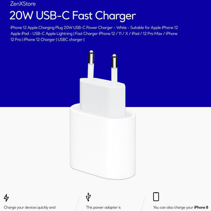 USB‑C oplaad blok voor I-phone 14-13-12-11 USBC naar lichtnet + Apple  USB-C naar Lightning kabel - 20W - 1 Meter geschikt voor Iphone 14-13-12-11 - ZenXstore