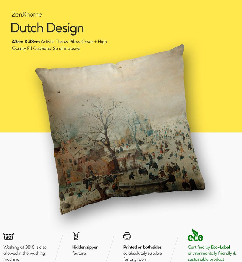 Dutch Design Sierkussens bij ZenXhome “Winter Landscape with Skaters” 40X40 inclusief kussens