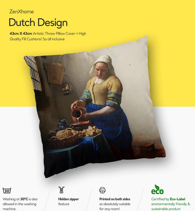 Sierkussens Dutch Design uit Rijksmuseum bij ZenXhome “Het melkmeisje” Vermeer 43X43 inclusief kussens