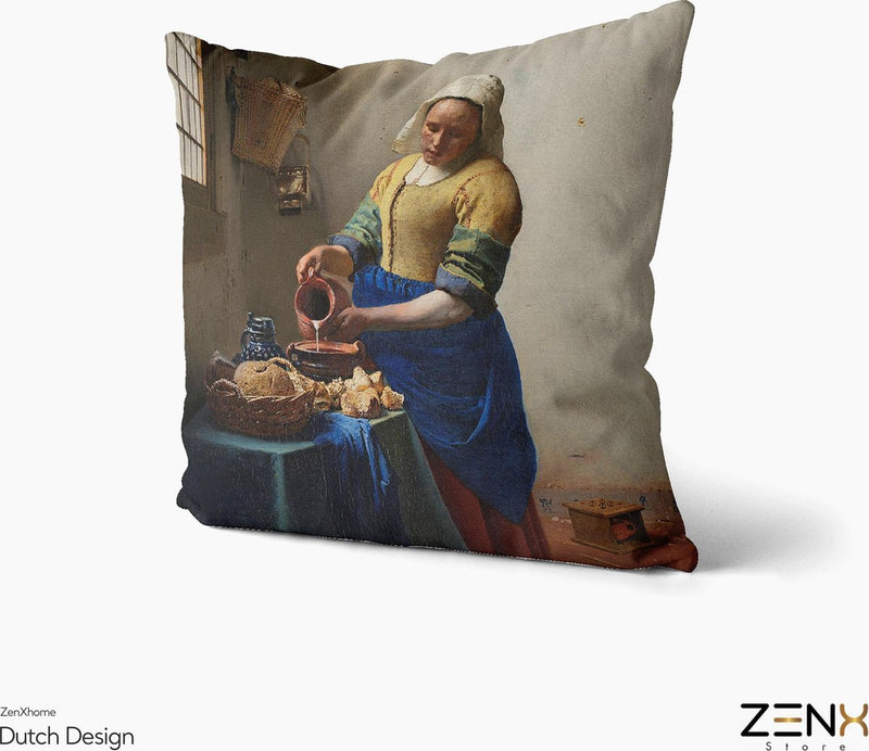 Sierkussens Dutch Design uit Rijksmuseum bij ZenXhome “Het melkmeisje” Vermeer 43X43 inclusief kussens