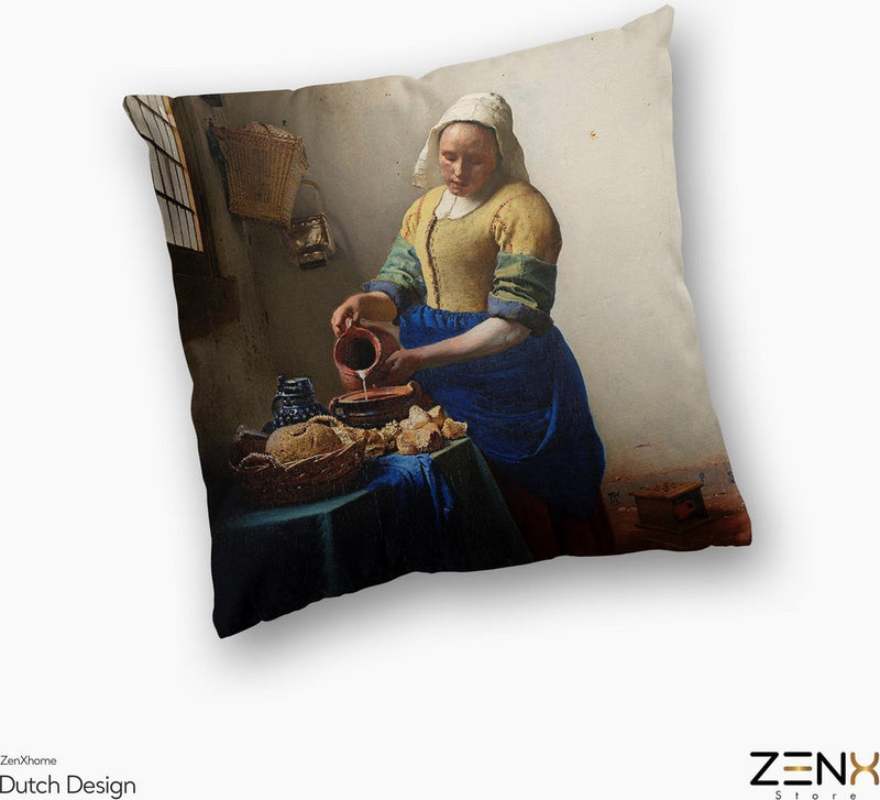 Sierkussens Dutch Design uit Rijksmuseum bij ZenXhome “Het melkmeisje” Vermeer 43X43 inclusief kussens