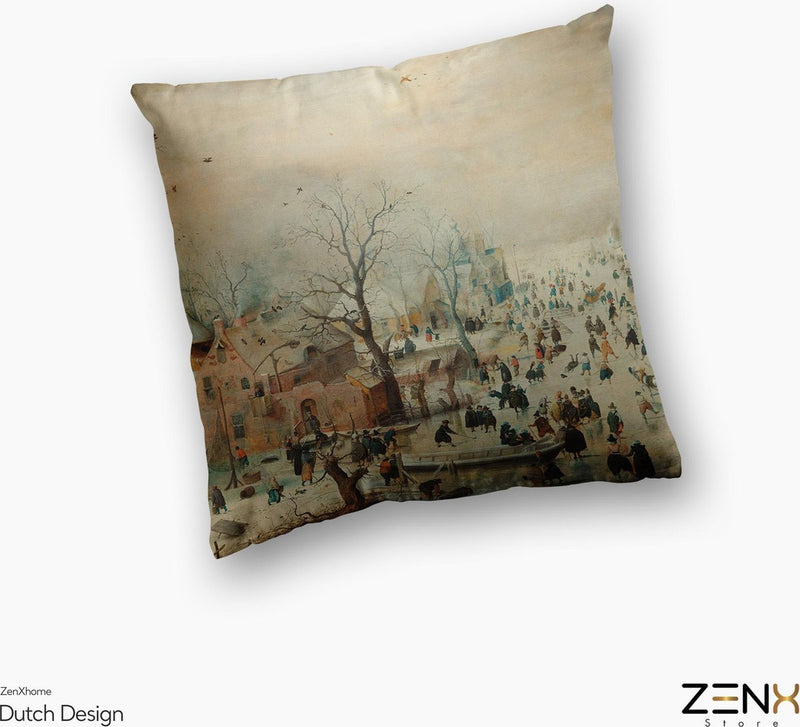 Dutch Design Sierkussens bij ZenXhome “Winter Landscape with Skaters” 40X40 inclusief kussens