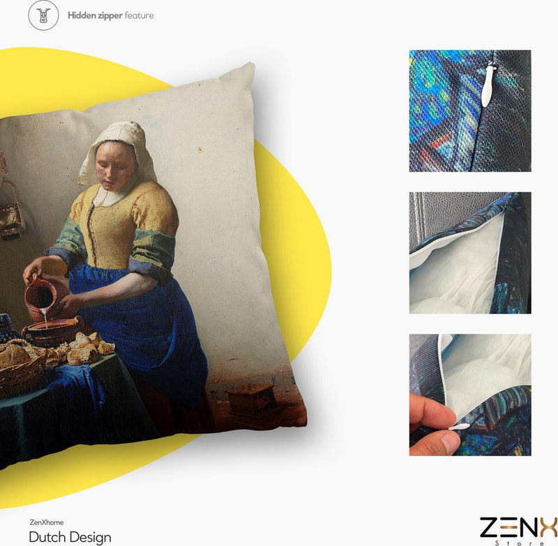 Sierkussens Dutch Design uit Rijksmuseum bij ZenXhome “Het melkmeisje” Vermeer 43X43 inclusief kussens