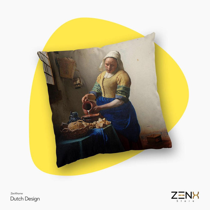 Sierkussens Dutch Design uit Rijksmuseum bij ZenXhome “Het melkmeisje” Vermeer 43X43 inclusief kussens