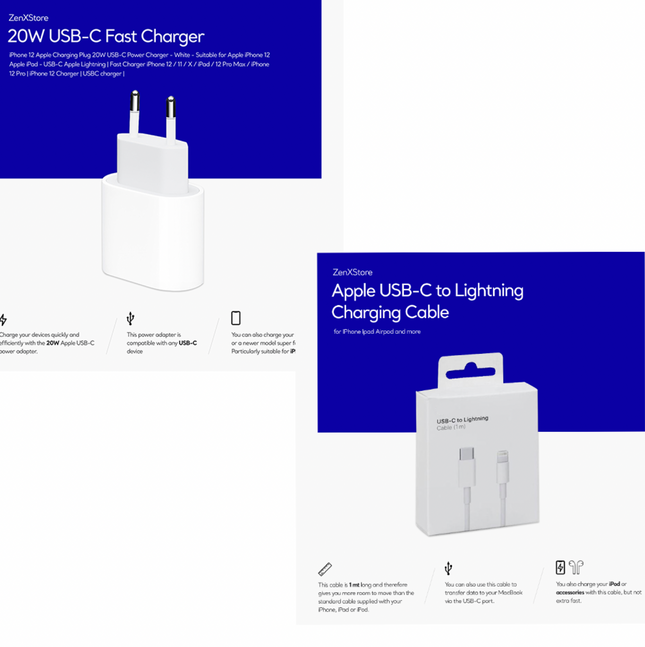 USB‑C oplaad blok voor I-phone 14-13-12-11 USBC naar lichtnet + Apple  USB-C naar Lightning kabel - 20W - 1 Meter geschikt voor Iphone 14-13-12-11 - ZenXstore